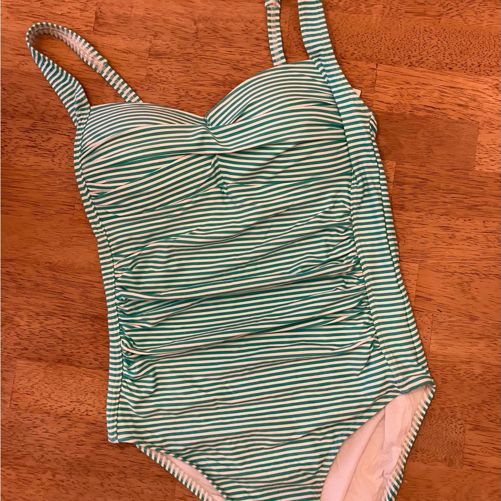 bond-eye Green and White Striped One-Piece Swimsuit with Ruching